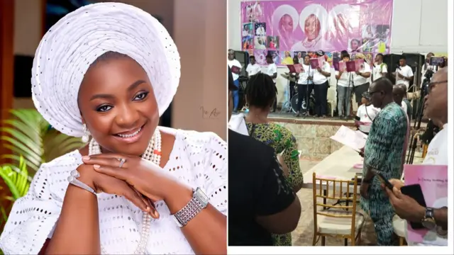 Oloogbe Bunmi Akinnaanu lapa osi, diẹ lara awọn eeyan nibi eto orin onigbagbọ ati abẹla titan to waye niluu Eko, eyi ti ẹbi Oloogbe gbe kale lo wa lapa ọtun .