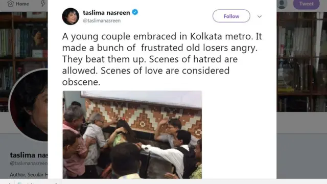 তসলিমা নাসরিন টুইটারে লিখেছেন- 'ঘৃণার দৃশ্য ছাড় পেতে পারে, কিন্তু প্রেমের দৃশ্যকে অশ্লীল বলা হচ্ছে।'