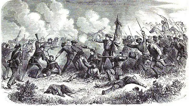 Gravura em preto e branco mostra batalha