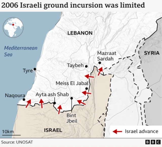 Peta invasi Israel ke Lebanon pada 2006.
