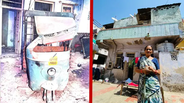 વર્ષ 2002માં સાયરાબીબીનું ઘર બાળી નખાયું હતું (ડાબે), જે તેમના સમાજની કમિટીની મદદથી પાછું બનાવાયું હતું (જમણે)