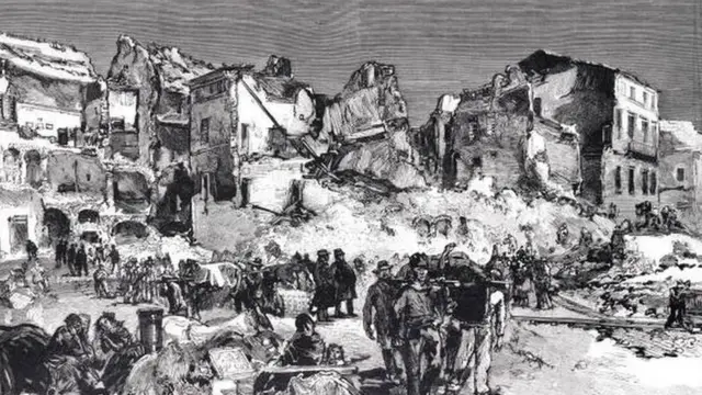 رسم لآثار زلزال في إيطاليا في القرن التاسع عشر