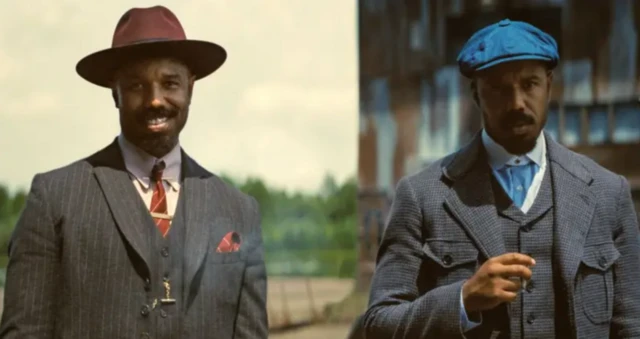 İkiz karakterler farklı kıyafetlerle yan yana görünüyor. Bu bir dönem filmi ve kıyafetler 1930'lar Amerikasına ait.