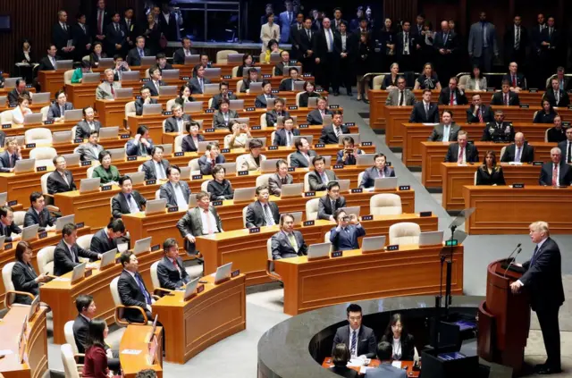 U.S. President Donald Trump speaks at the South Korean National Assembly in Seoul, South Korea, November 8, 2017. REUTERS/Jonathan Ernst