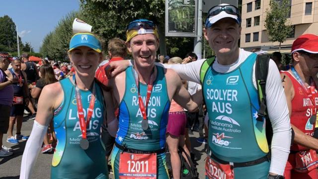 La profesora Long y el profesor Scolyer representaron a Australia en el Campeonato Mundial de Triatlón de 2019 en Suiza.