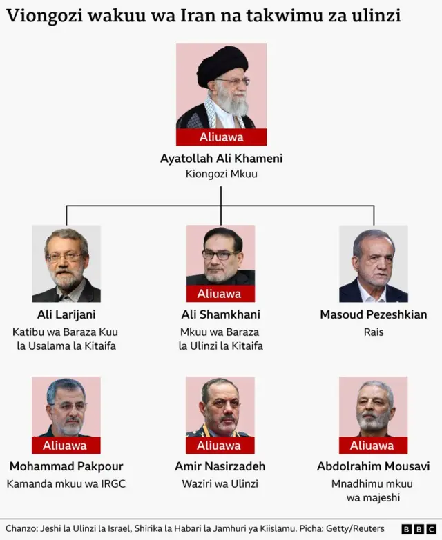 Seven senior leadership and defence roles. Four senior Iranian defence officials the IDF has claimed killed in air strikes: Supreme Leader Ayatollah Ali Khamenei, Defence Council secretary Ali Shamkhani, Defence Minister Brig Gen Aziz Nasirzadeh and IRGC commander Gen Mohammad Pakpour. 