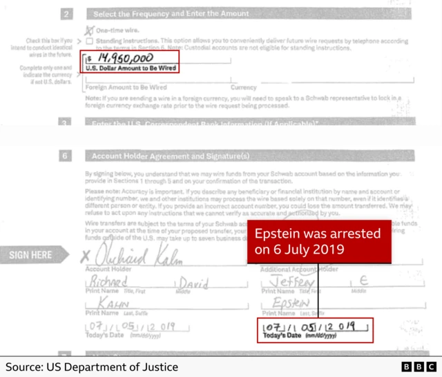 Epstein signed a $14.95 million wire transfer on 5 July 2019