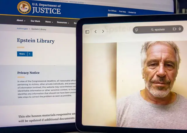 Montagem com foto de Jeffrey Epstein e site com documentos divulgados pelos EUA sobre o caso