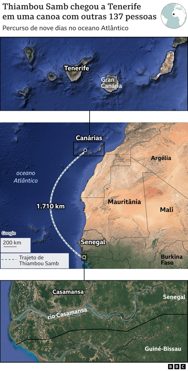 Mapa do trajetobetstatsThiambou Samb até as ilhas Canárias