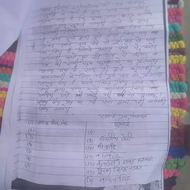 पुष्कर लाल को तड़ी पार किए जाने के बारे में सुभाई ग्राम पंचायत का लिखित फ़ैसला