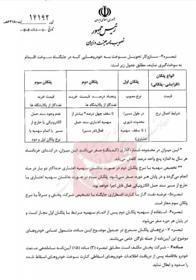تصویر تصویب‌نامه هیئت وزیران که پلکانی شدن نرخ گازوئیل را شرح می‌دهد