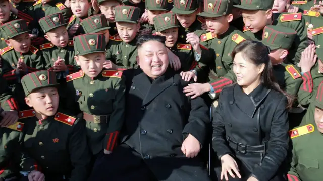 Kim Jong-Un, a mulher e crianças.