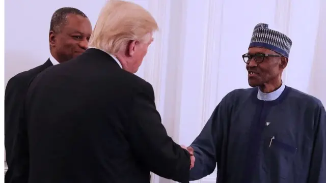 President Trump dey shake President Buhari hand