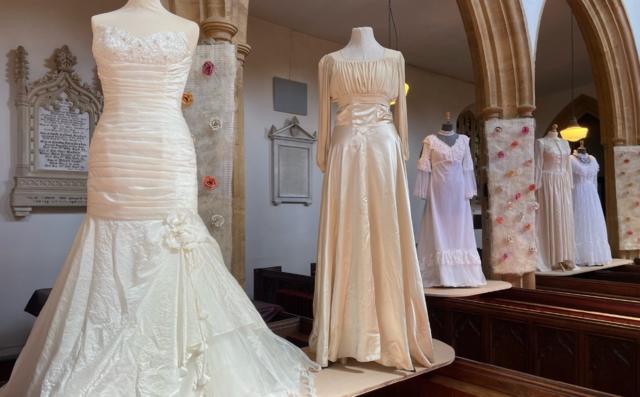 Vintage wedding dresses displayed in church as tribute to love