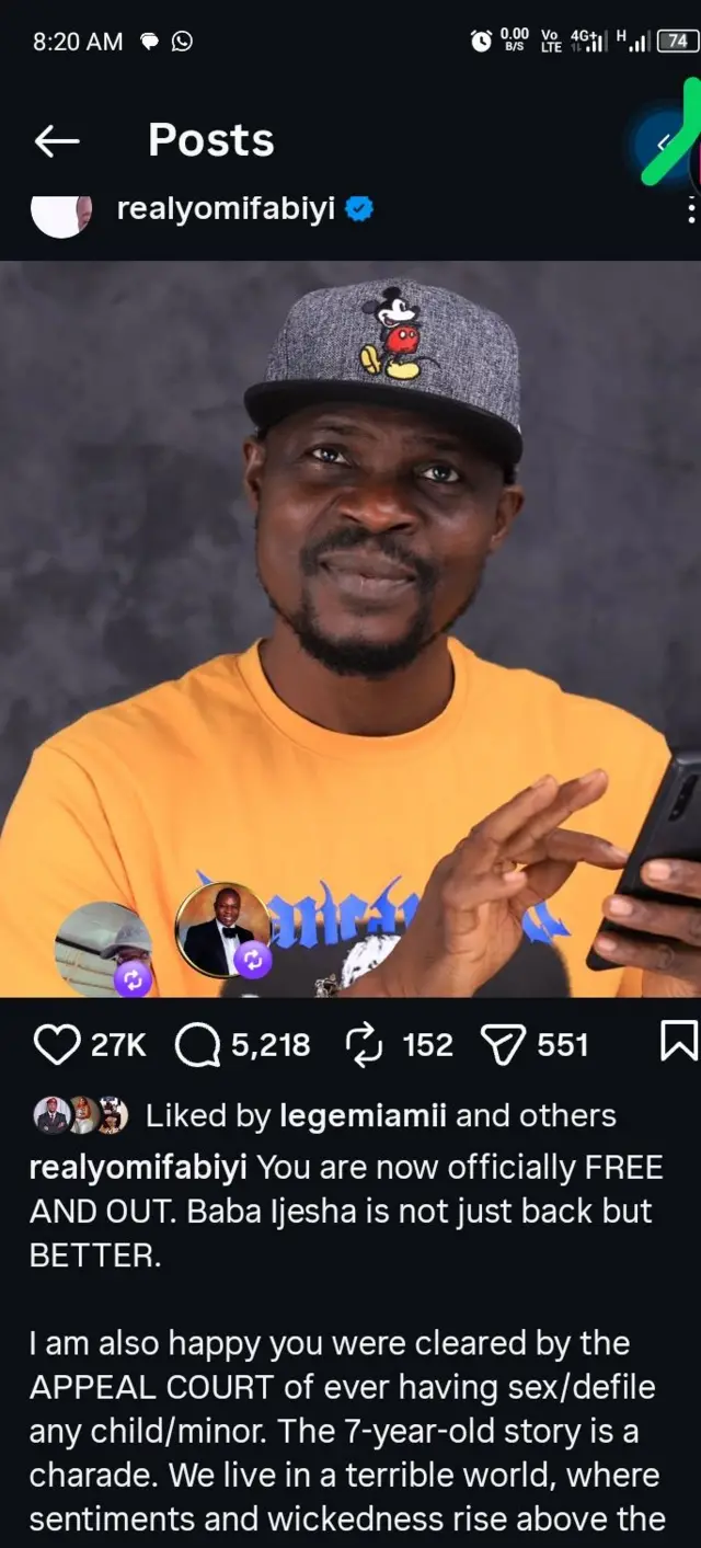 Ìkéde nípa idande baba Ijesha tí Yomi Fabiyi fi si oju opo ayelujara Instagram rẹ 