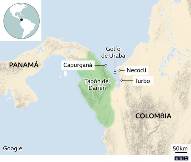 Mapa de la frontera entre Panama y Colombia