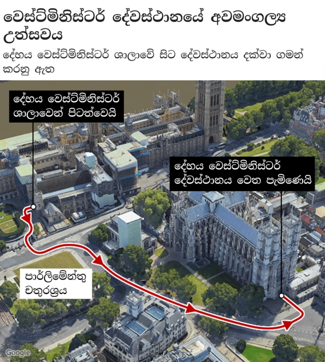 Map showing route the Queen's coffin will take from Westminster Hall to Westminster Abbey