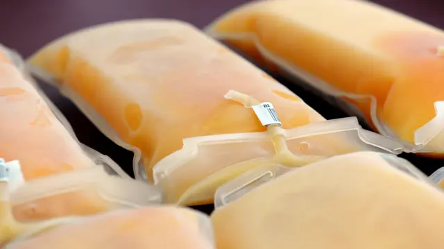 Cinq poches de plasma orange vif congelé.