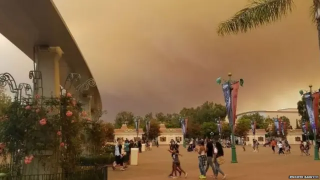 भीषण आगीमुळं कॅलिफोर्नियामधील डिस्नेलॅंडचे आकाश गडद झाले आहेत.