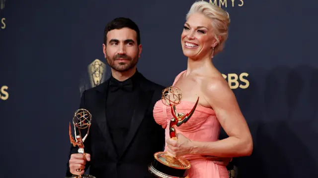 Brett Goldstein and Hannah Waddingham with their Emmy awards