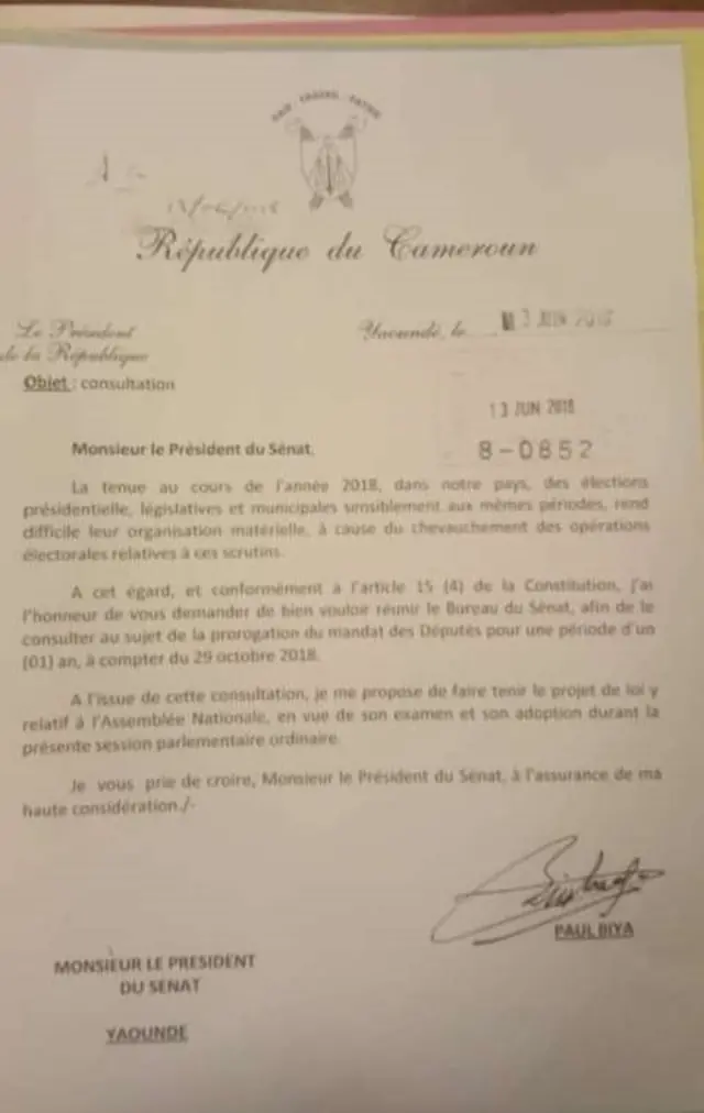letter wey president Paul Biya write give leader of senate.