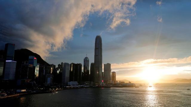 Skyscrapers at Hong Kong"s central business district are seen during sunset, China, June 13, 2019
