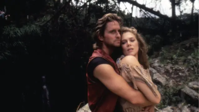 American actors Michael Douglas and Kathleen Turner on the set of Romancing the Stone