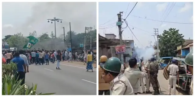 বুধবার ১২ নম্বর জাতীয় মহাসড়ক অবরোধ (বাঁয়ে), কাঁদানে গ্যাসের শেল ছুঁড়ছে পুলিশ (ডানে)