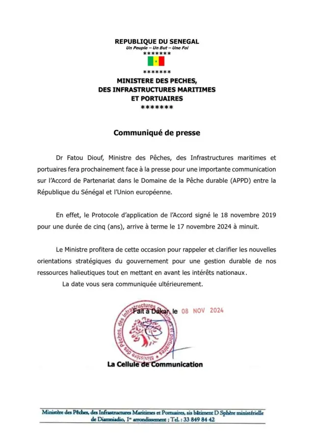 Communiqué de presse du ministère des Pêches du Sénégal.