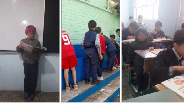 تصاویر بچه‌های دبستانی بر سر کلاس، کنار آبخوری مدرسه و پای تخته 