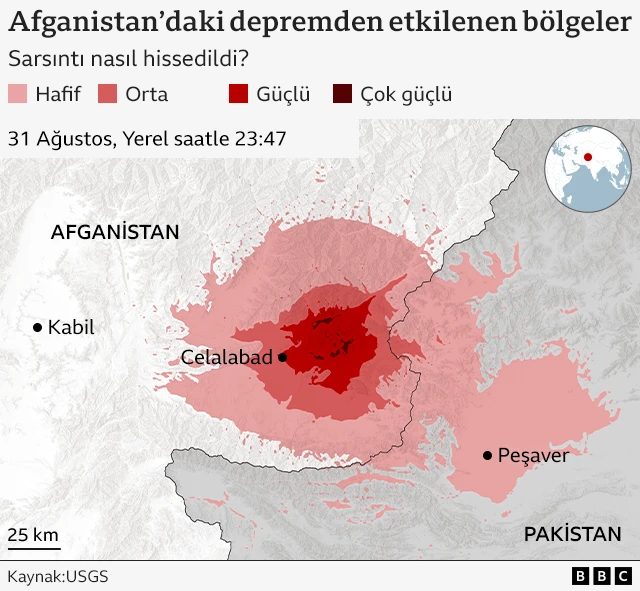 Afganistan'daki depremde sarsıntının nasıl hissedildiğini gösteren harita. 