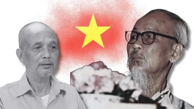 hình ghép ông Nam và Bác Hồ trên nền Quốc kỳ