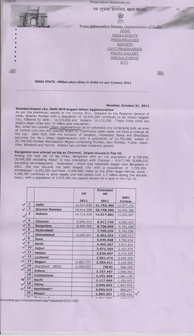 மெட்ரோ ரயில் திட்டம் செயல்படுத்த 2011-ல் தேர்ந்தெடுக்கப்பட்ட நகரங்களின் பட்டியல் 