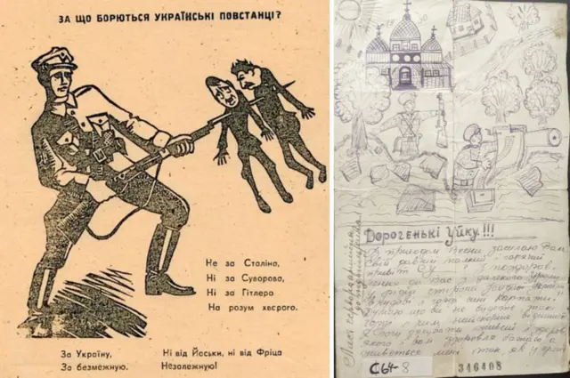 Truyền đơn UPA một lúc đánh 2 kẻ thù (Hitler và Stalin). Tuy nhiên, ảnh bên phải cho thấy bối cảnh phức tạp của cuộc chiến. Đây là bức thư của người cháu là Hồng quân Xô-viết gửi cho chú mình là du kích UPA (chống Xô-viết). Người cháu Hồng quân vẽ minh họa UPA bảo vệ thôn xóm. (Ảnh tác giả Chụp tư liệu bảo tàng Kyiv).
