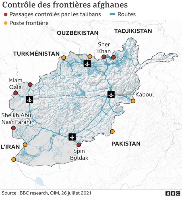 Carte montrant les postes frontaliers et les points de contrôle pris par les talibans