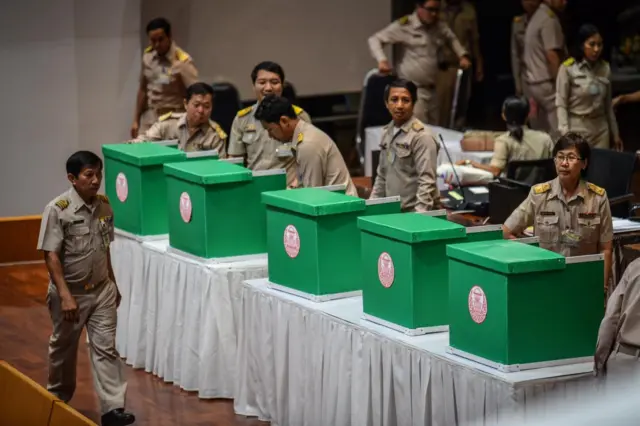 กล่องลงคะแนนและเจ้าหน้าที่ในห้องประชุมสภาฯ