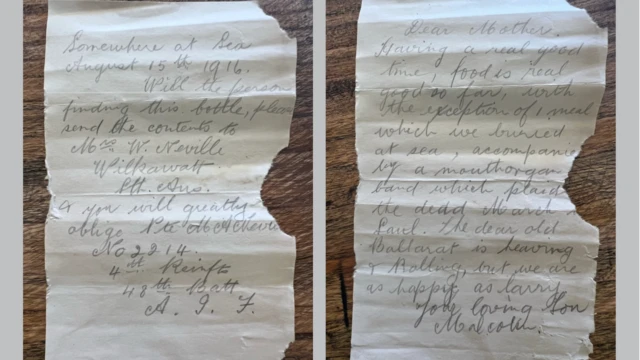 The front and back of the letter written by Private Malcolm Neville, asking the finder of the bottle to deliver the message to his mother.