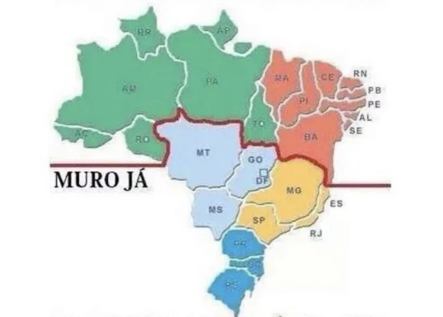 Mapa do Brasil separa estados do Norte e Norteste com linha vermelha e dizeres "muro já"