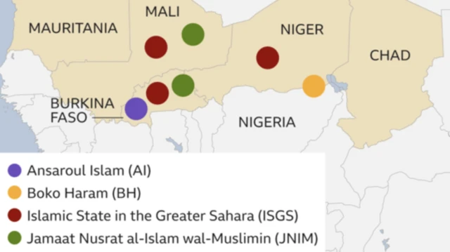 Taswirar yankin Sahel da arewacin Afirka da ke nuna wuraren da ƙungiyoyi masu iƙirarin jihadi suke gudanar da ayyukansu