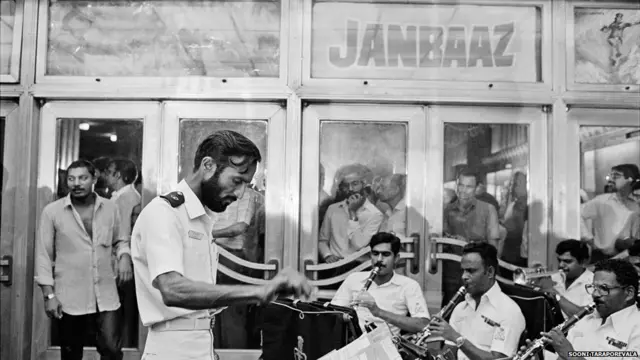 The navy band performs ahead of the premiere of the movie Janbaaz at Metro Cinema in 1986