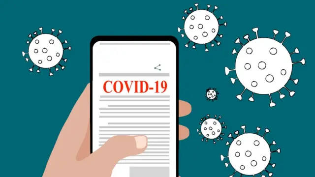 Ilustração mostra celular exibindo a palavra 'covid-19' com ilustraçõescoronavírus ao lado