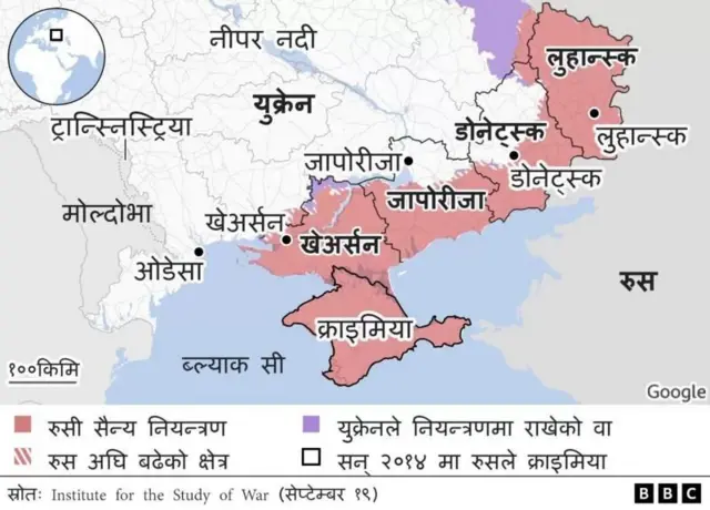  डोनेट्स्क, लुहान्स्क, खेअर्सन र जापोरिजाको नक्सा