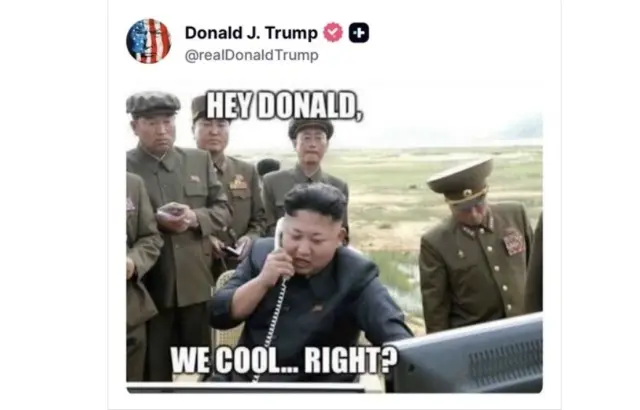 합성 사진에는 김 위원장이 전화기를 든 채 "이봐 도널드, 우리 사이 괜찮지?"라고 말하는 문구가 담겼다.