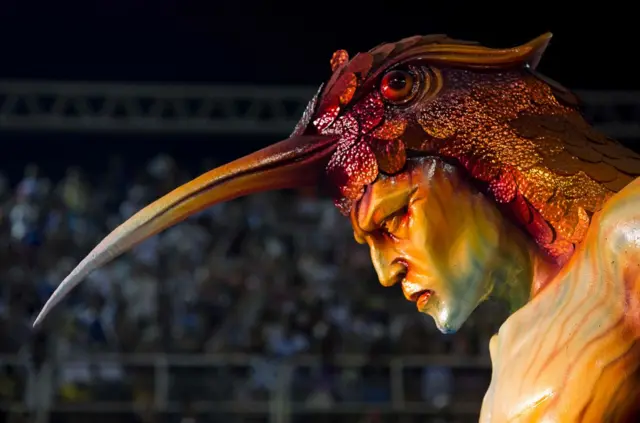 Picture of a float of the Beija-Flor samba school taken during the second night of Rio"s Carnival at the Sambadrome in Rio de Janeiro, Brazil, on February 13, 2018. / AFP PHOTO / Mauro PIMENTELMAURO PIMENTEL/AFP/Getty Images
