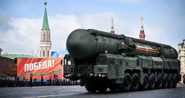 A Russian Yars intercontinental ballistic missile launcher rolls on Red Square during the Victory Day military parade in central Moscow on May 9, 2024.