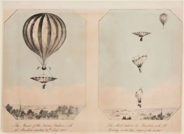 Deux lithographies en couleurs montrant l'ascension du ballon et la descente fatale en parachute de Cocking.