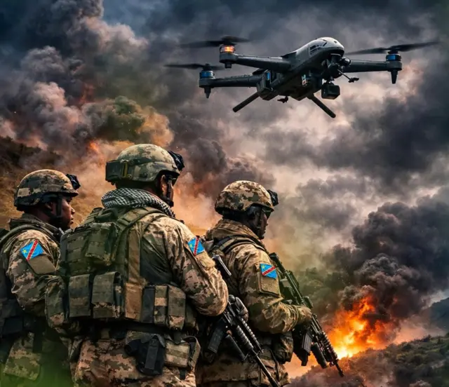 Ifoto igaragaza abasirikare ba RD Congo hamwe na drone y'intambara mu kirere, hamwe umuriro n'umwotsi inyuma mu ifoto