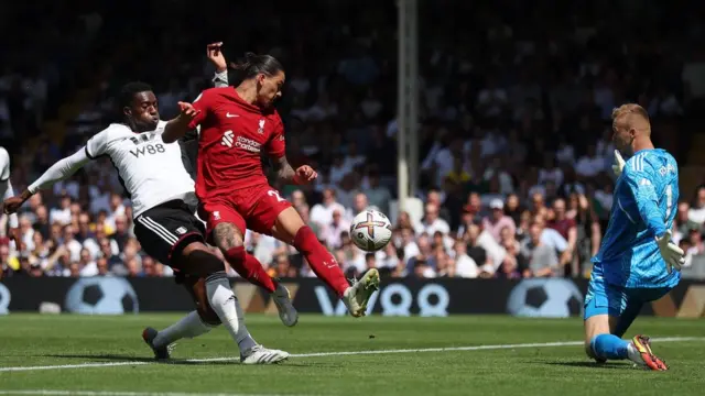 Darwin Nunez (centre) scores for Liverpool