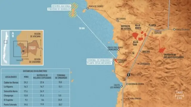 Mapa que marca la distancia entre Dominga y el archipiélago.