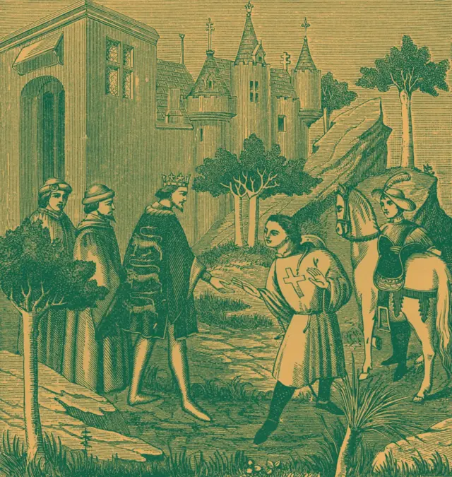 John de Mandeville despidiéndose de Eduardo III, antes de su partida hacia 'más allá de los mares'. De miniatura en 'Merveilles du Monde' - manuscrito de principios del siglo XV.